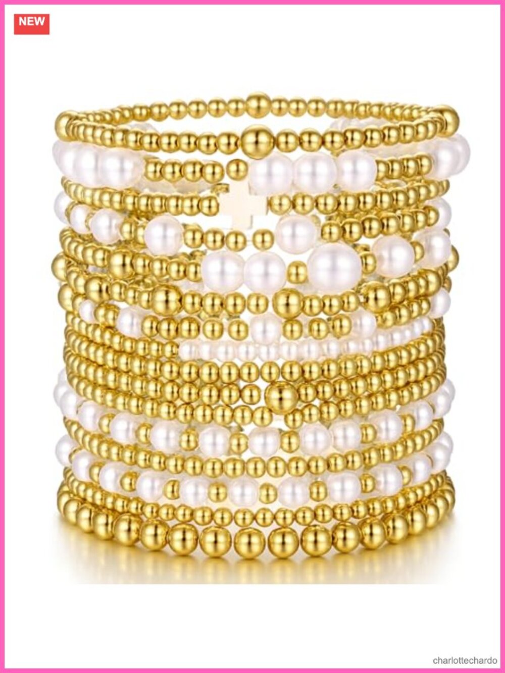 Gold Plated Bead & Pearl Bracelets Stackable Stretch Set